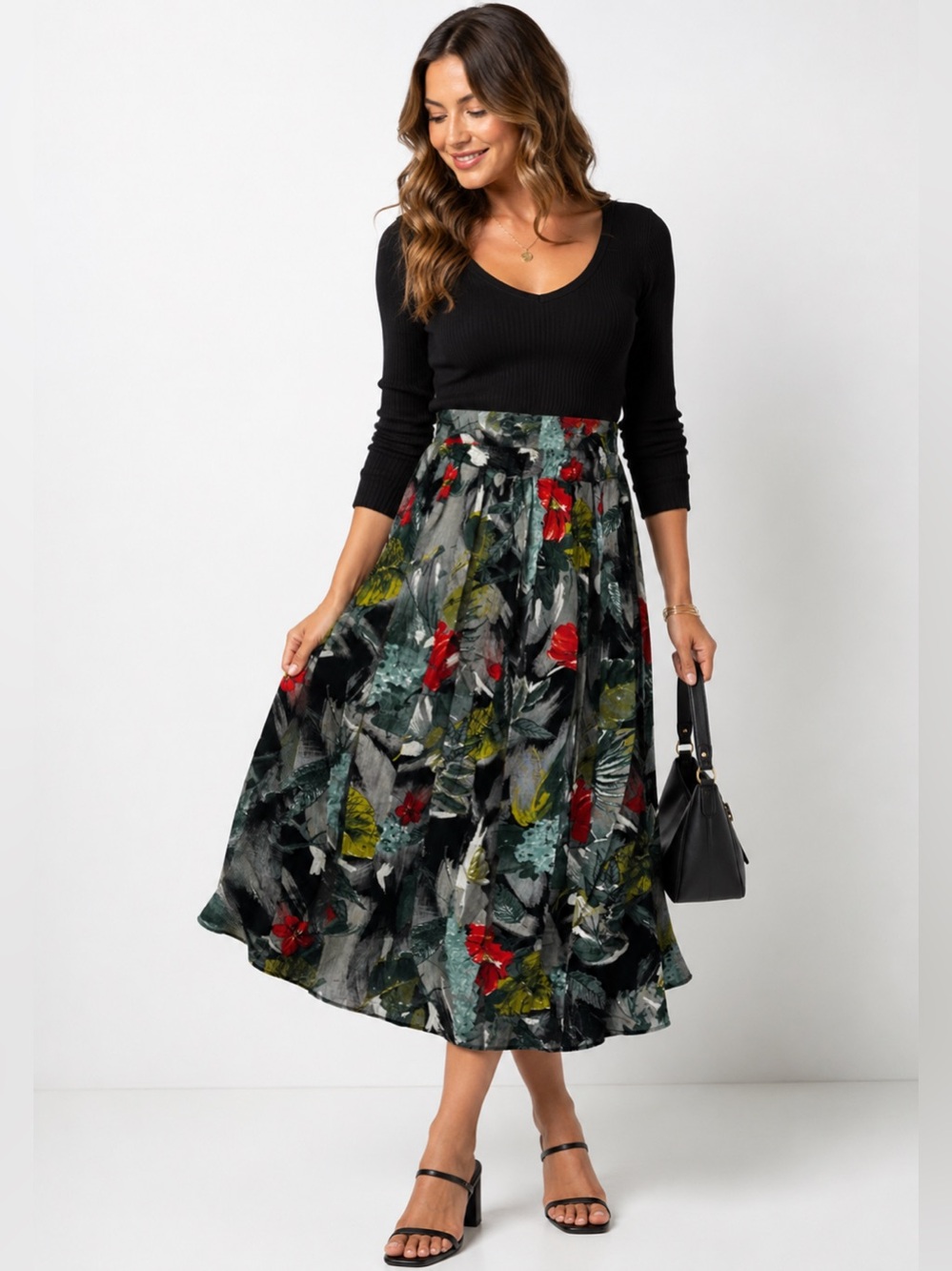 VINTAGE | Painterly Topical Floral Midi Skirt Black Multi Colour High Waisted